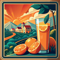 Refreshing orange juice with vibrant landscape at sunset overlooking a tranquil countryside setting in summer Generative AI