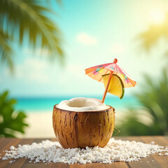 Obraz premium Tropical Summer Drink Served in a Coconut with Beach Background – Refreshing, Exotic, and Perfect for Vacation, Travel Ads, Summer Lifestyle Campaigns, or Beverage Branding