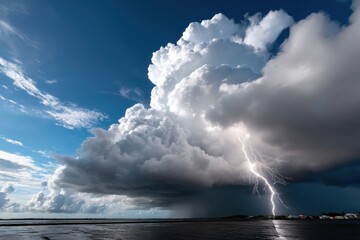 A striking display of lightning erupts from towering clouds over calm waters, emphasizing the beauty and ferocity of a stormy atmosphere that stirs emotions of wonder and contemplation.