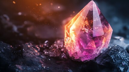 Obraz premium Glowing precious mineral on a dark background with delicate light reflection