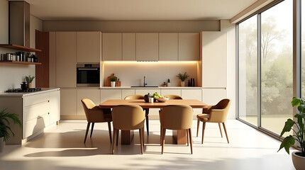 Fototapeta premium Modern kitchen interior featuring a wooden dining table, stylish chairs, and ample natural light streaming through large windows.