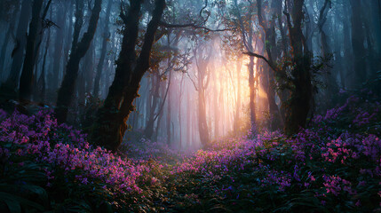 Magical misty dark forest wallpaper with glowing sunlight and vibrant purple flowers
