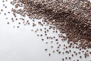 Close-up view of chia seeds scattered on a bright white surface, a healthy food.