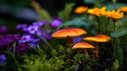 Fototapeta premium Vibrant orange mushrooms nestled among colorful flowers in a lush garden setting