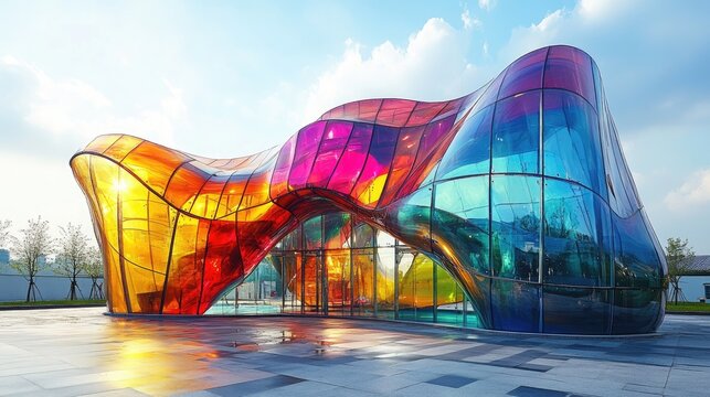 Colorful, modern architectural structure with vibrant glass facade. - Powered by Adobe