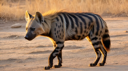 Striped hyena have excellent senses of vision, hearing and smell spotted this at evening safari near pond at ranthambore national park or tiger reserve rajasthan india - hyaena hyaena