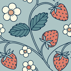 Colorful strawberry and flower pattern on a light blue background featuring fresh fruit and blooming petals Generative AI