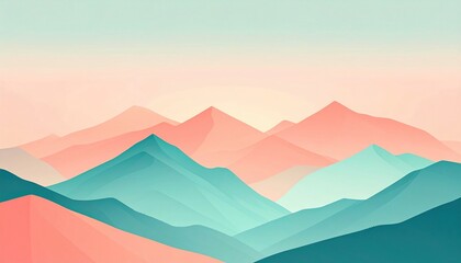 Serene sunrise over layered mountains nature landscape digital artwork soft color palette aerial view tranquility and beauty