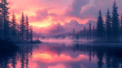 Serene mountain lake reflects a vibrant sunset sky creating a breathtaking landscape painting of majestic peaks and tranquil waters.