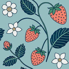 Colorful strawberry and flower pattern on a light blue background ideal for fabric or wallpaper design Generative AI