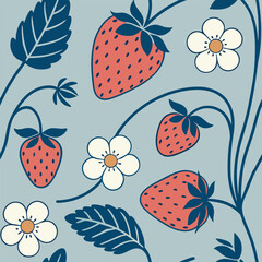 Colorful strawberry and flower pattern on a soft blue background showcasing nature's beauty and design inspiration Generative AI