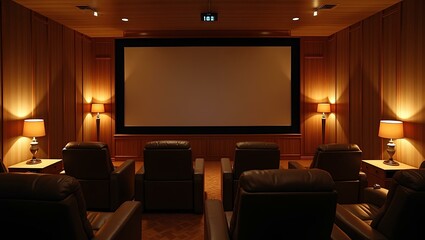 A theater room featuring a large screen at the front and rows of chairs arranged for an audience