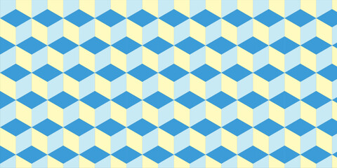 Explore a Vector Illustration of Isometric Cubes in a Seamless Pattern. This Abstract, Colorful Background Features a 3D Cube Pattern Texture in Blue and Yellow, Creating a Geometric Graphic Pattern w