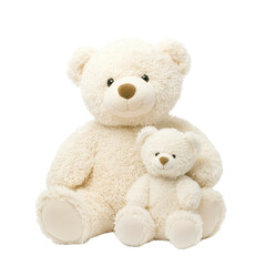 Obraz premium Two fluffy teddy bears, one large and one small, sit together, showcasing heartwarming and cozy scene. soft, plush texture and friendly expressions evoke warmth and comfort