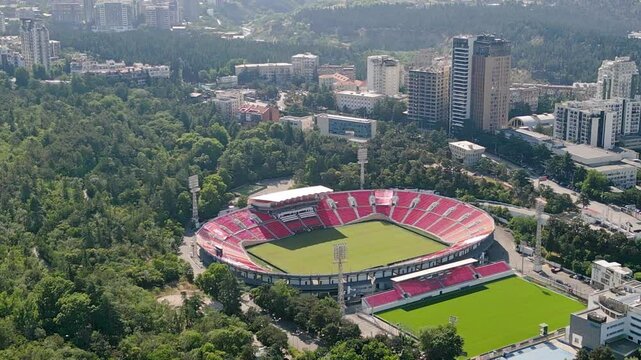 Tbilisi, Georgia- 4th july, 2024: aerial top view The Mikheil Meskhi Stadium or Lokomotivi Stadium. Multi-purpose stadium in Tbilisi