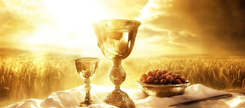 Golden chalices and grapes on a table, bathed in sunlight, against a backdrop of golden wheat fields