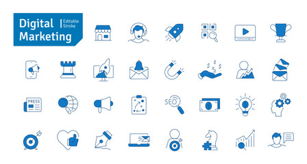 Digital Marketing Blue Line Icons Set. SEO, Social Media, Strategy, Online Shopping, Promotion, Target Audience, Advertising Icons Editable Stroke Vector Illustration