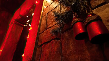 A festive, dimly lit stone wall adorned with Christmas decorations, featuring red bells and a garland.  Red lights illuminate the space, creating a warm ambiance