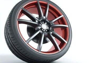 Obraz premium A single car wheel with a black tire and a silver alloy rim, multi-spoke design, red brake calipers visible, white background.