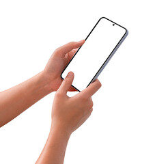 Hand using smartphone with blank screen isolated. Premium high quality studio shot. Concept for technology, business, finance and advertising.