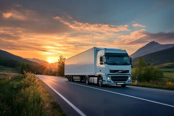 Obraz premium Semi-truck on mountain road at sunset