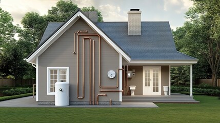 Obraz premium A small house with a gray-shingled roof, a dormer window, a chimney, a white water heater, exposed copper pipes on the side, and a toilet near the door on the porch