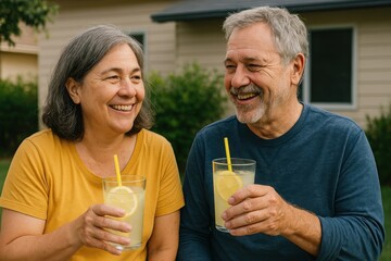 Happy seniors enjoying lemonade outdoors.