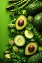 A composition of carefully arranged green vegetables - asparagus stalks, sliced ​​cucumbers, Brussels sprouts, avocado halves with whole pits and tender basil leaves on a green background.
