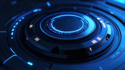 Futuristic circular interface with glowing blue accents evokes technology