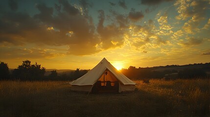A beautiful sunset illuminates a cozy bell tent pitched in a tranquil field du golden hour, offe a peaceful camping scene.