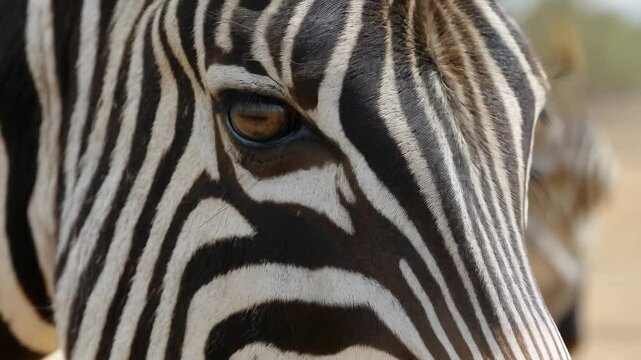 Extreme close up on the face of a zebra showing the distinctive stripes and eye with natural light in soft focus background.