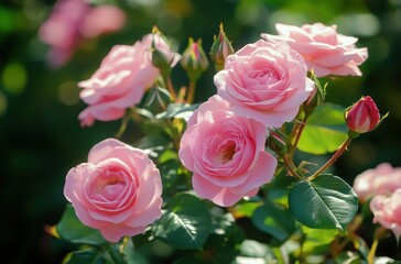 Beautiful Pink Roses in Full Bloom Surrounded by Lush Green Foliage with Soft Light Creating a Romantic Atmosphere on Sunny Day