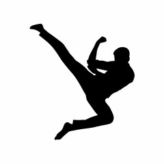 Karate Silhouette Vector &ndash; Black Silhouette of a Man Practicing Martial Arts Kick or Self-Defense Pose on White Background