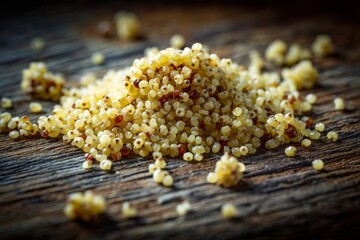 Close-up of uncooked quinoa grains scattered on a rustic wooden surface for a healthy meal.