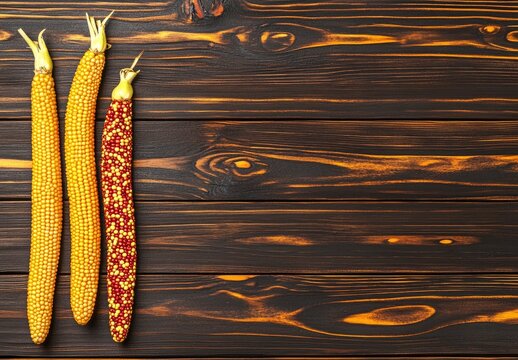 Three ears of corn, vibrant yellow and red speckled kernels, rest on a dark wooden plank surface.  Top view, showcasing the texture of the wood and the distinct colors of the corn