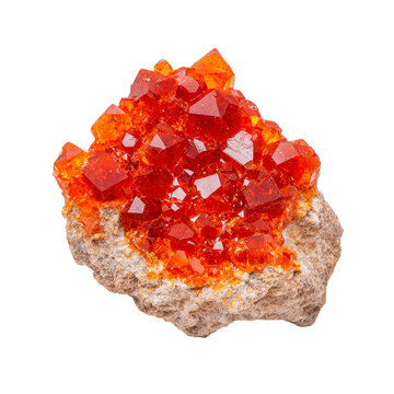 Vibrant red orange vanadinite crystals on rough stone base, showcasing their hexagonal shape and glossy surface. mineral striking color and geometric form make it captivating specimen