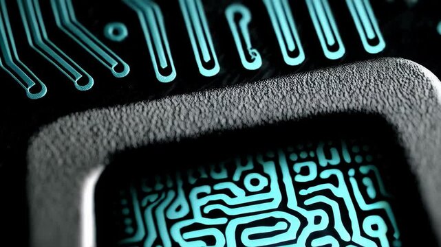 Macro shot shows complex turquoise circuit board pattern encased in protective gray material for technology related concepts