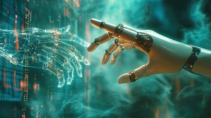 Futuristic Interface: Digital Hand Reaching Toward the Robotic One, Connection