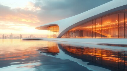 Modern architectural structure situated on water, reflecting a dramatic sunset.