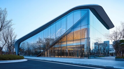 Obraz premium Modern glass-fronted building with flowing lines.