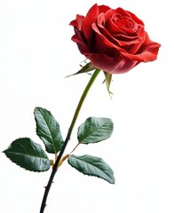 Beautiful Red Rose with Green Leaves on a White Background Perfect for Nature Lovers and Floral Enthusiasts