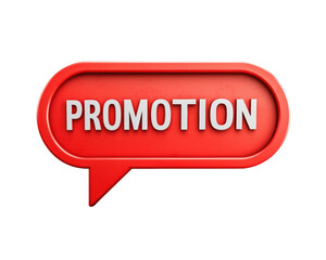 3D megasized price tag shaped like a speech bubble, bright red with white "PROMOTION" icon, centered on a white background for marketing graphics