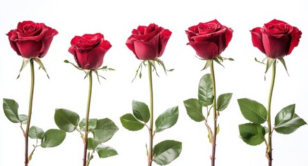 Naklejka premium Beautiful Red Roses in a Row with Green Leaves, Isolated on a White Background, Perfect for Floral Arrangements, Gifts, and Celebrations