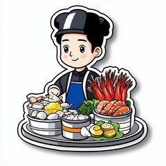 Smiling Cartoon Chef with Delicious Seafood Dim Sum