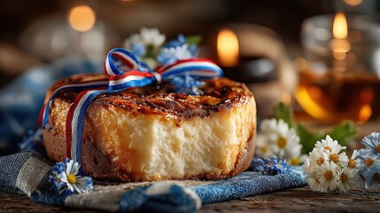 Traditional Slovenian potica cake with festive ribbons, glowing candlelight, alpine wildflowers; celebrating national pride and heritage.