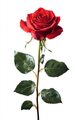 Obraz premium Beautiful single red rose with vibrant petals and lush green leaves isolated on a white background, ideal for romantic themes and floral arrangements