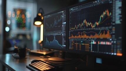 Computer Screen Displaying Financial Charts in a Dark Room