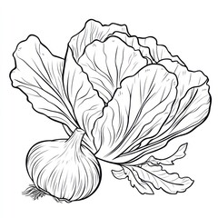 A detailed line art depiction of garlic and leafy greens