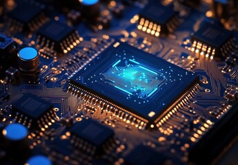 Fototapeta premium A close-up of a circuit board with a glowing microchip and electronic components.