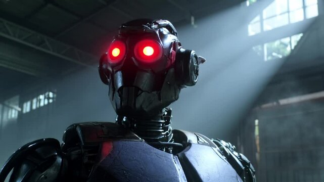 A robot standing and looking around in an old warehouse